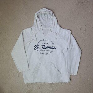Vintage 'St Thomas' white raw edge beach hoodie pullover sweatshirt men's L